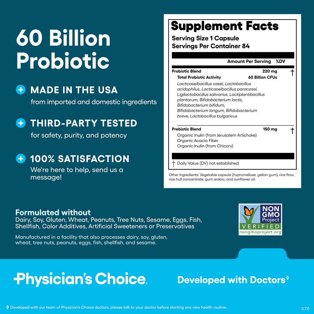 Physician's Choice Probiotics 60 Billion CFU - 10 Strains + Organic Prebiotics - Immune, Digestive & Gut Health - Supports Occasional Constipation, Diarrhea, Gas & Bloating - for Women & Men - 30ct